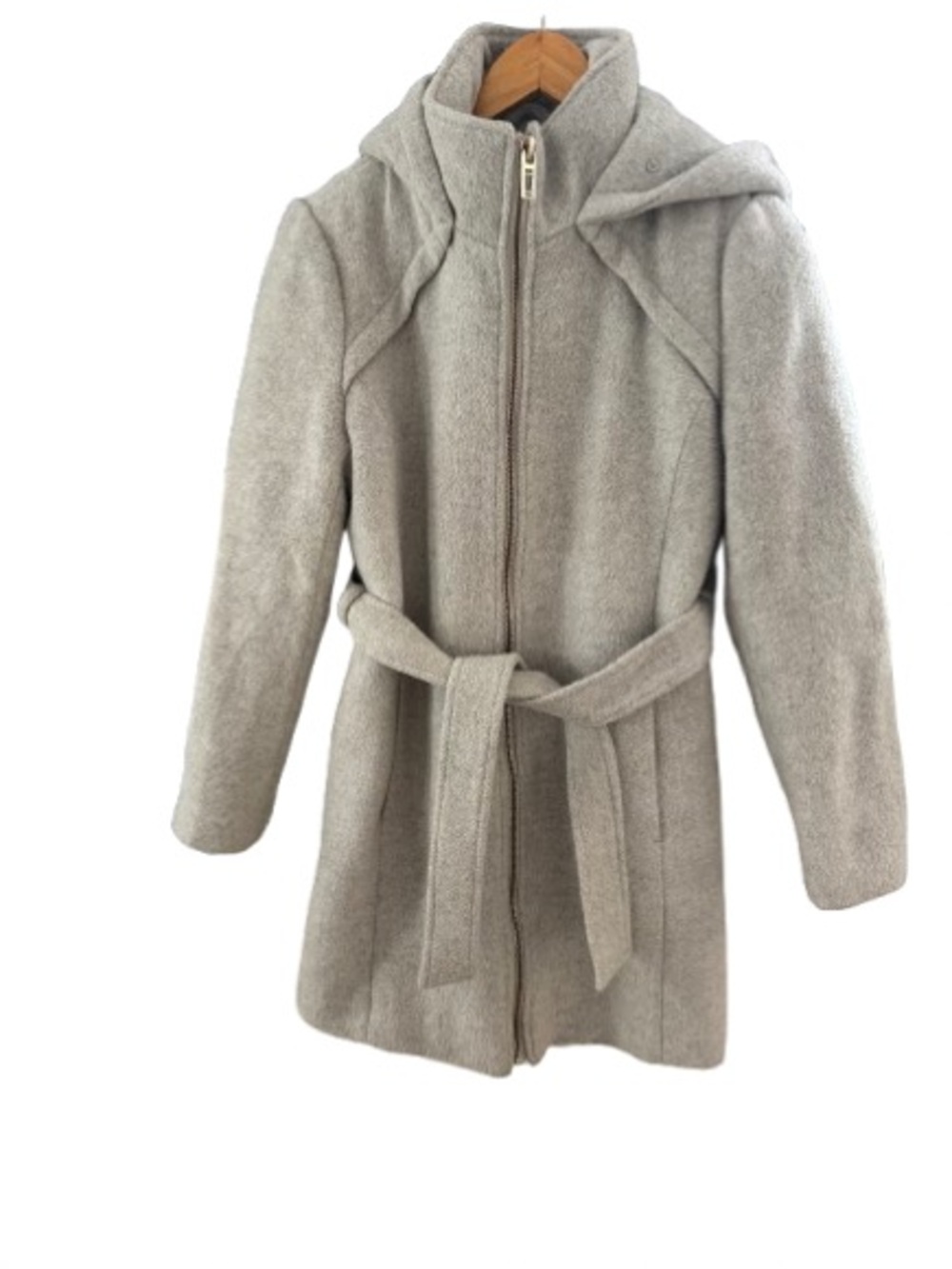 Dynamite Clothing Light Gray Hooded Wool-Blend Belted Dress Coat